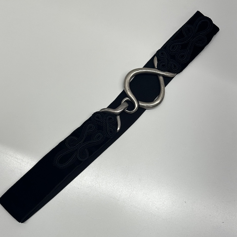 Suzi Roher Belt Velvet Velour Corded Stretch Metal Buckle Silver Black Large